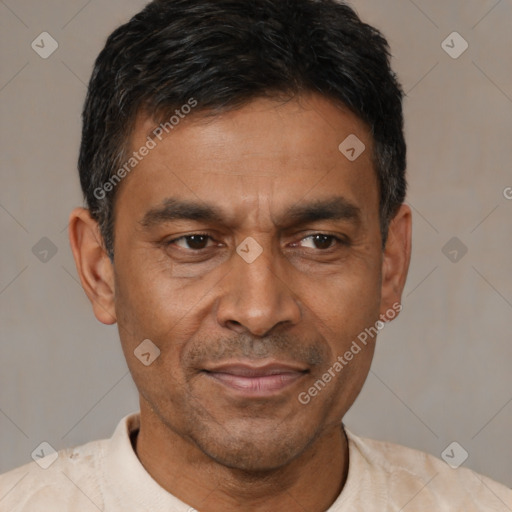 Joyful black adult male with short  black hair and brown eyes