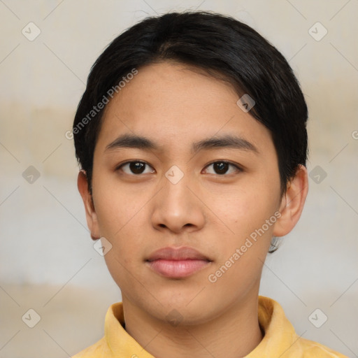 Neutral asian young-adult male with short  black hair and brown eyes