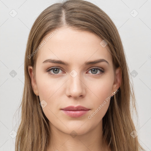 Neutral white young-adult female with long  brown hair and grey eyes