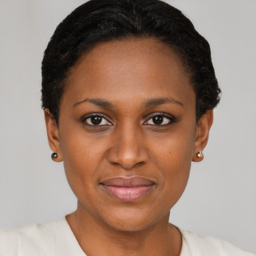 Joyful black young-adult female with short  black hair and brown eyes