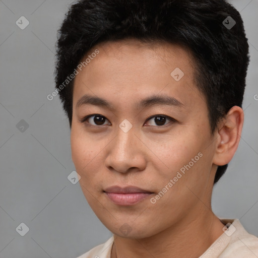 Joyful asian young-adult male with short  brown hair and brown eyes