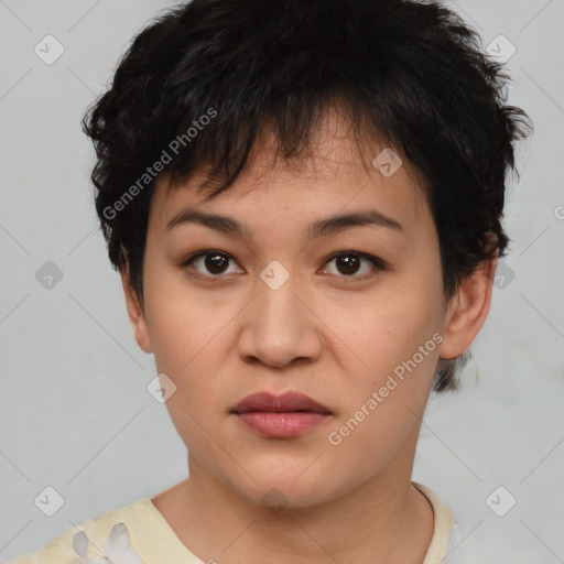 Neutral asian young-adult female with short  brown hair and brown eyes