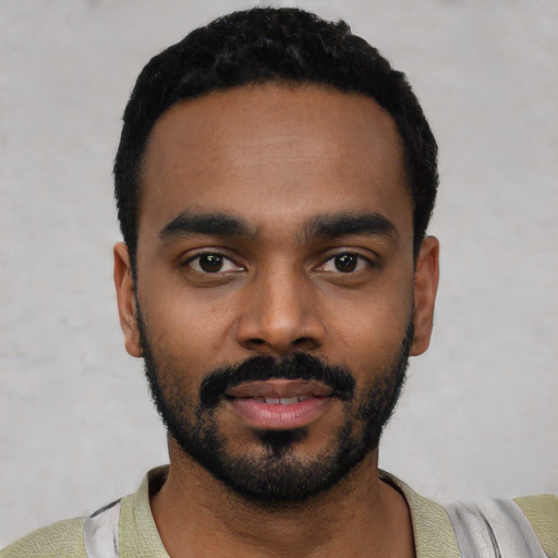 Neutral black young-adult male with short  black hair and brown eyes