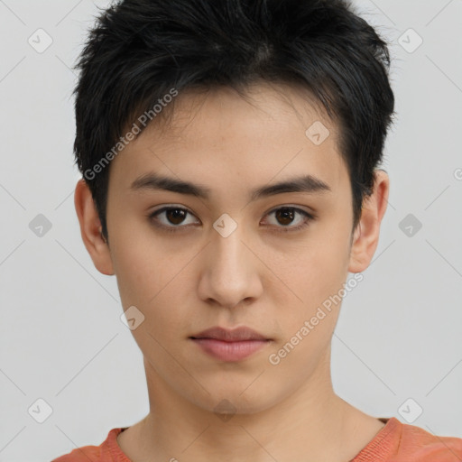 Neutral asian young-adult female with short  brown hair and brown eyes