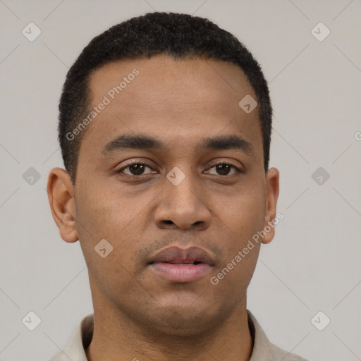 Neutral latino young-adult male with short  brown hair and brown eyes