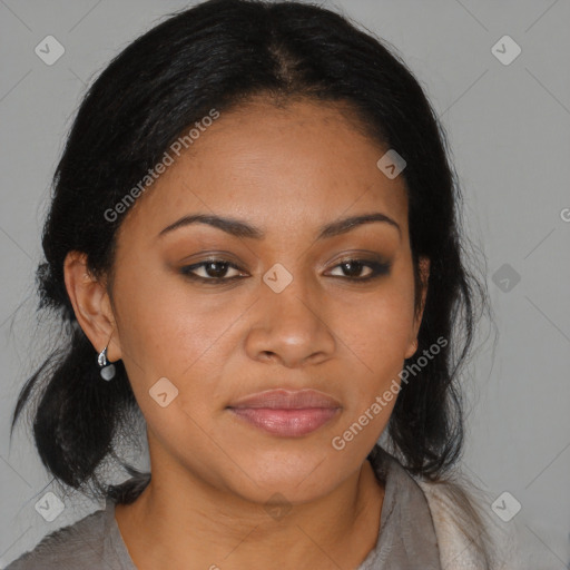 Joyful black young-adult female with medium  brown hair and brown eyes