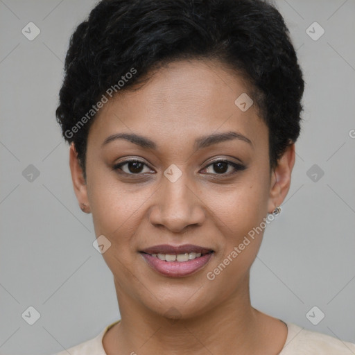 Joyful latino young-adult female with short  black hair and brown eyes