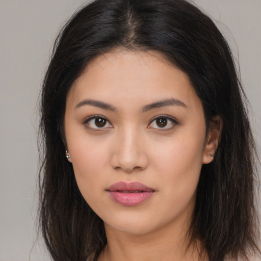 Neutral asian young-adult female with long  brown hair and brown eyes