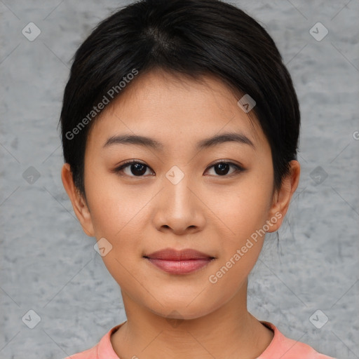 Joyful asian young-adult female with short  brown hair and brown eyes