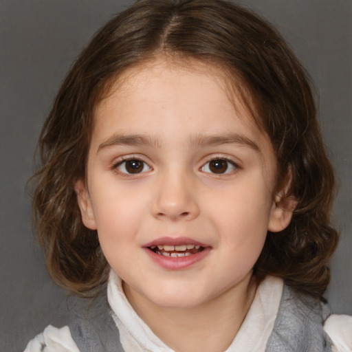 Joyful white child female with medium  brown hair and brown eyes