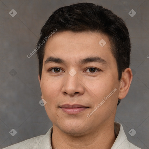 Joyful white young-adult male with short  black hair and brown eyes