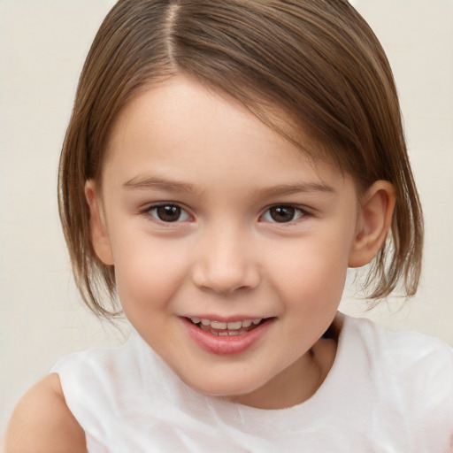 Joyful white child female with medium  brown hair and brown eyes