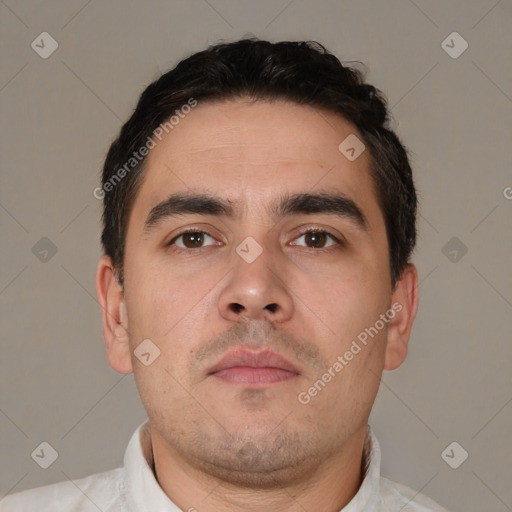 Neutral white young-adult male with short  brown hair and brown eyes