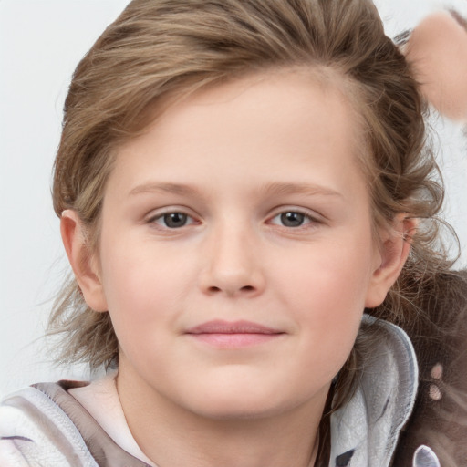 Joyful white child female with medium  brown hair and grey eyes