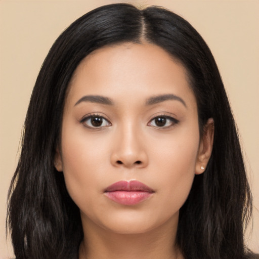 Neutral asian young-adult female with long  black hair and brown eyes