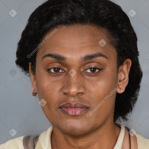 Neutral latino young-adult female with short  brown hair and brown eyes