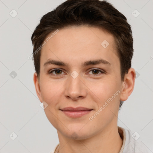 Joyful white young-adult female with short  brown hair and brown eyes