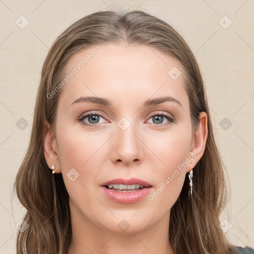 Joyful white young-adult female with long  brown hair and grey eyes