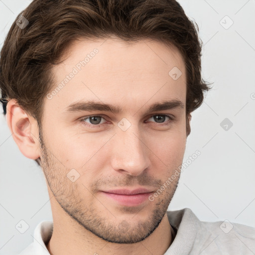 Neutral white young-adult male with short  brown hair and grey eyes