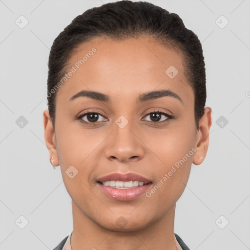 Joyful white young-adult female with short  brown hair and brown eyes