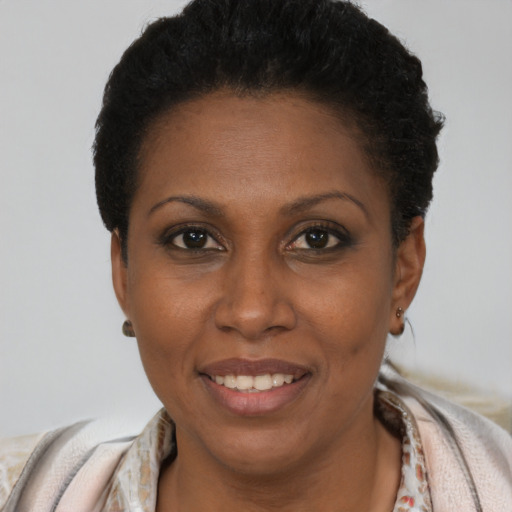 Joyful black young-adult female with short  brown hair and brown eyes