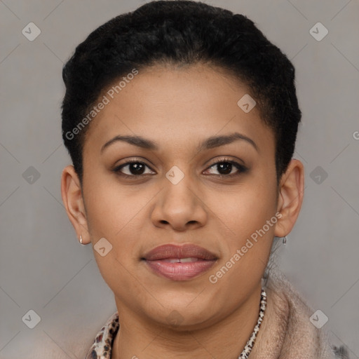 Joyful latino young-adult female with short  brown hair and brown eyes