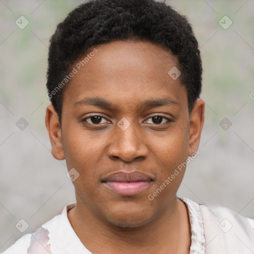 Joyful black young-adult male with short  brown hair and brown eyes