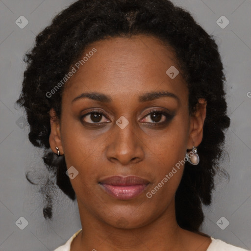 Neutral black young-adult female with medium  brown hair and brown eyes