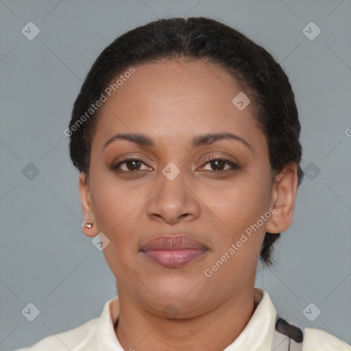 Joyful latino young-adult female with short  brown hair and brown eyes