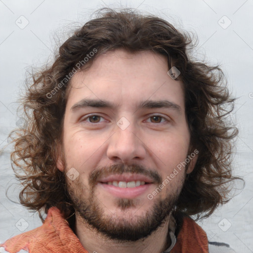 Joyful white young-adult male with medium  brown hair and brown eyes