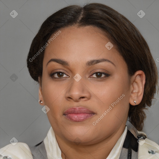 Joyful black young-adult female with medium  brown hair and brown eyes