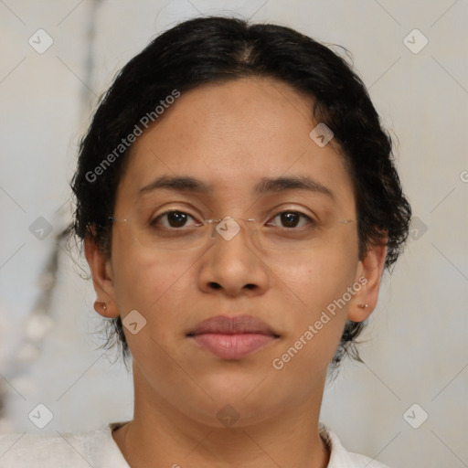 Joyful latino young-adult female with short  brown hair and brown eyes