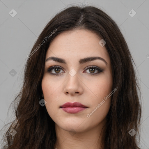 Neutral white young-adult female with long  brown hair and brown eyes