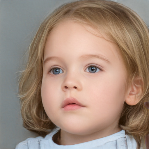 Neutral white child female with medium  brown hair and blue eyes