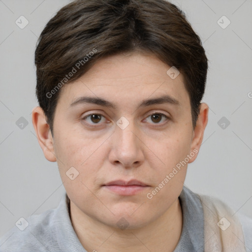 Neutral white young-adult female with short  brown hair and brown eyes