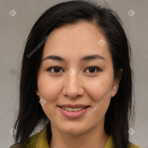 Joyful asian young-adult female with medium  brown hair and brown eyes