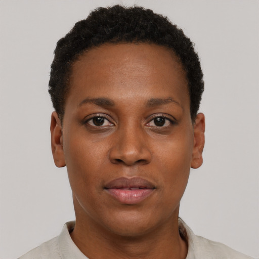 Neutral black young-adult female with short  black hair and brown eyes
