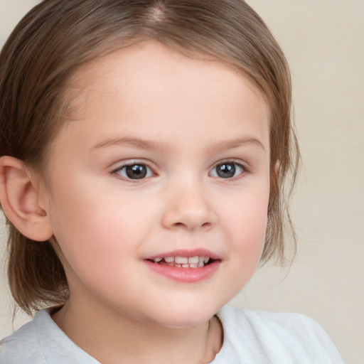 Joyful white child female with medium  brown hair and brown eyes