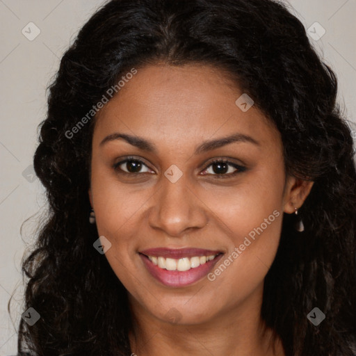 Joyful latino young-adult female with long  brown hair and brown eyes