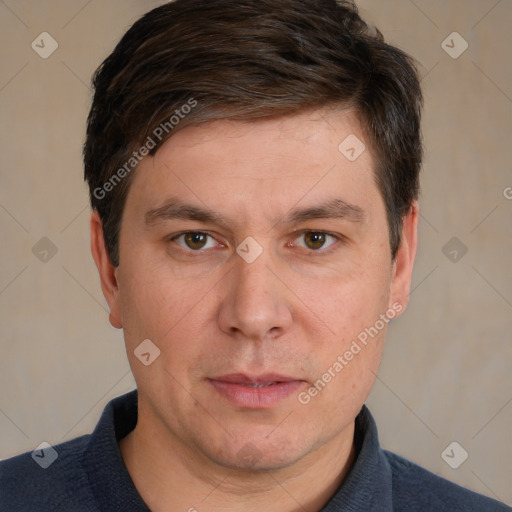 Neutral white adult male with short  brown hair and brown eyes