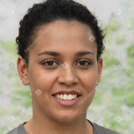 Joyful latino young-adult female with short  brown hair and brown eyes