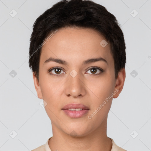 Neutral white young-adult female with short  brown hair and brown eyes