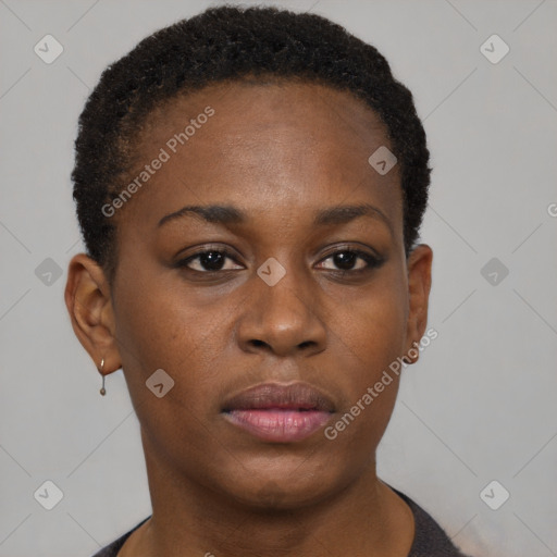 Neutral black young-adult female with short  brown hair and brown eyes