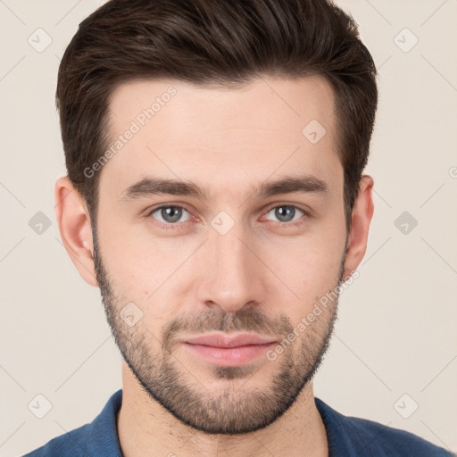 Neutral white young-adult male with short  brown hair and brown eyes