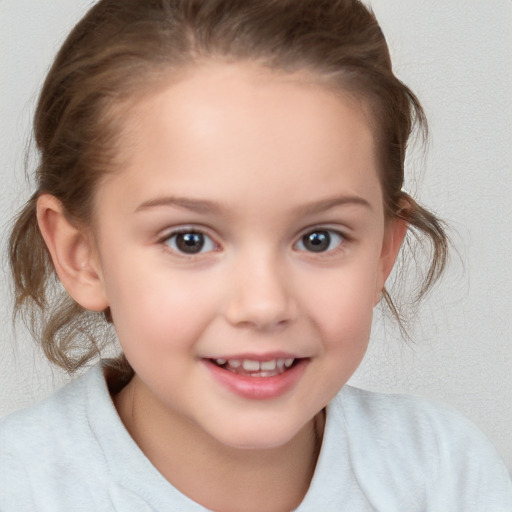 Joyful white child female with medium  brown hair and blue eyes