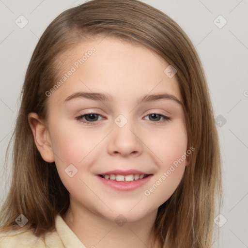 Joyful white child female with medium  brown hair and brown eyes