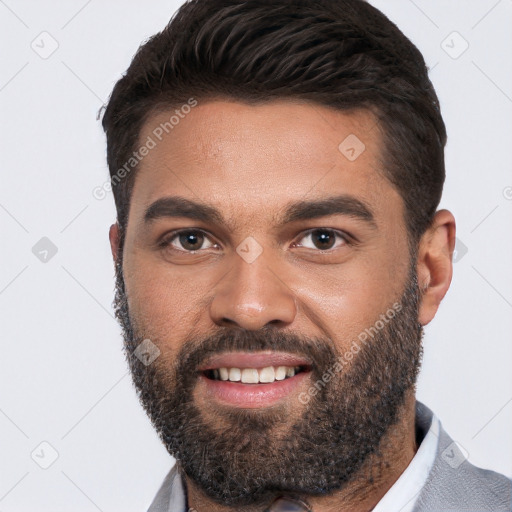 Joyful white young-adult male with short  black hair and brown eyes