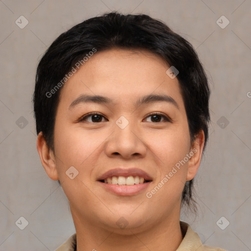 Joyful asian young-adult female with medium  brown hair and brown eyes