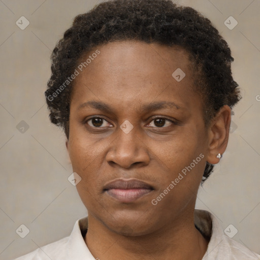 Neutral black adult female with short  brown hair and brown eyes