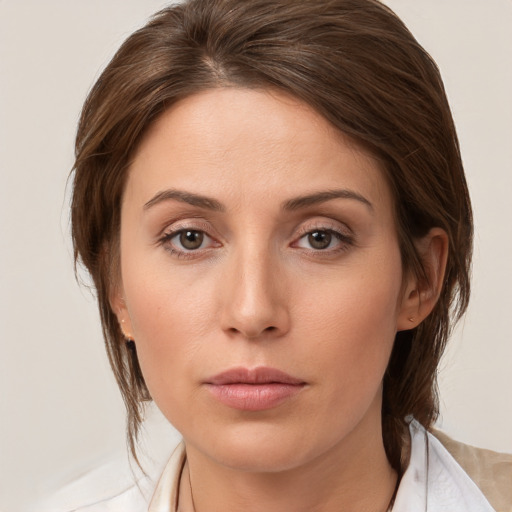 Neutral white young-adult female with medium  brown hair and brown eyes